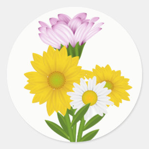 Gelbe Sonnenblumen und weiße Gänseblümchen Blumen Runder Aufkleber