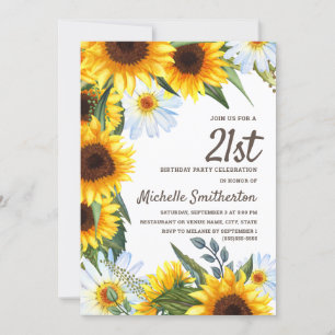 Gelbe Sonnenblumen Weiße Margeriten 21. Geburtstag Einladung