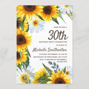 Gelbe Sonnenblumen Weiße Margeriten 30. Geburtstag Einladung