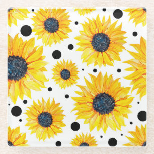 Gelbe Sonnenblumen Weißer Hintergrund Muster Glasuntersetzer