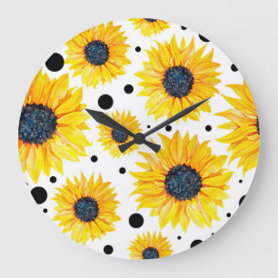 Gelbe Sonnenblumen Weißer Hintergrund Muster Große Wanduhr