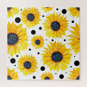 Gelbe Sonnenblumen Weißes Hintergrundmuster Puzzle