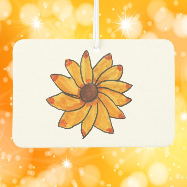Gelbe Sonnenblumenmarkierhand gezogen Autolufterfrischer (An air freshener with a hand drawn sunflower)