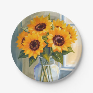 Gelbe Sonnenblumenstrauß-Aquarell-Blumen Pappteller