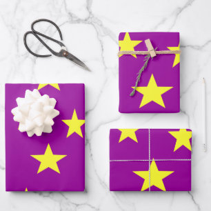 Gelbe Sterne auf lila Geschenkpapier Set