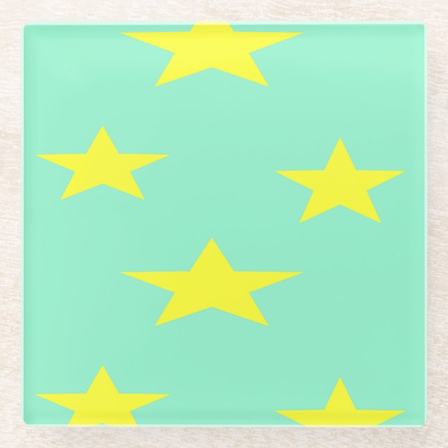 Gelbe Sterne auf Türkis Glasuntersetzer (Vorderseite)