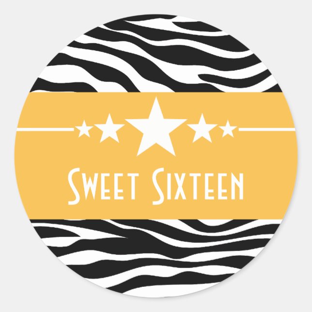 Gelbe Sterne Zebra Print Sweet 16 Stickers (Vorderseite)