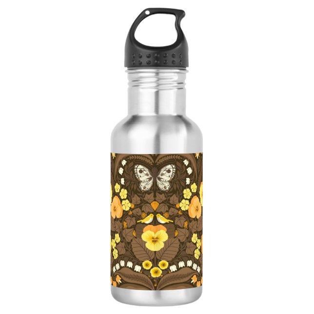 Gelbe Stiefmütterchen, Vögel und Schmetterlinge Edelstahlflasche (Vorderseite)