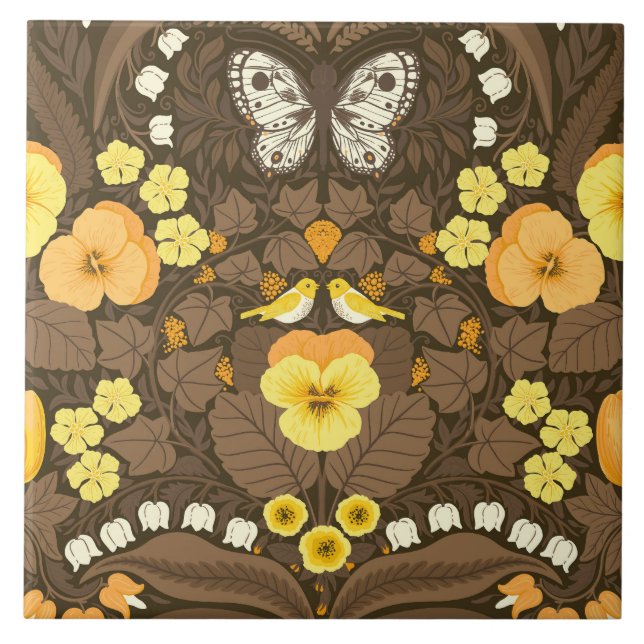 Gelbe Stiefmütterchen, Vögel und Schmetterlinge Fliese (Vorderseite)