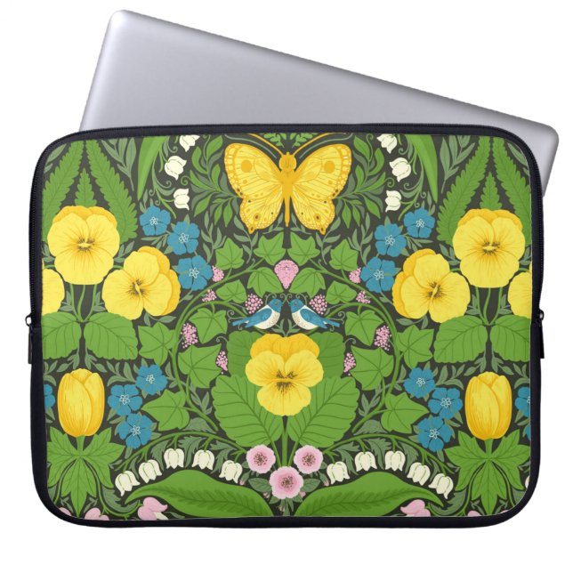 Gelbe Stiefmütterchen, Vögel und Schmetterlinge Laptopschutzhülle (Vorderseite)