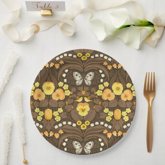 Gelbe Stiefmütterchen, Vögel und Schmetterlinge Pappteller (Hochzeit)