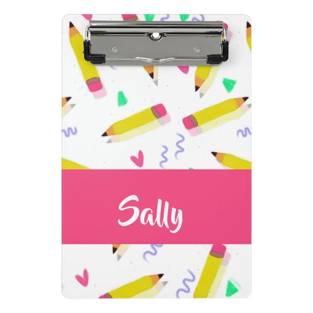 Gelbe Stifte und Scrables auf weiß Mini Klemmbrett (Vorderseite)