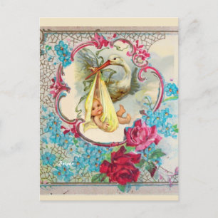 GELBE STORCH-BABY-SPRÜHREGEN, ROSA ROSEN,BLAUE BLU POSTKARTE