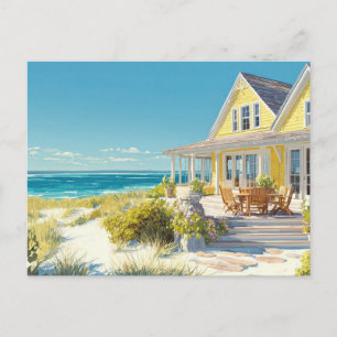 Gelbe Strandhaus-Küstenkunst-Postkarte Postkarte