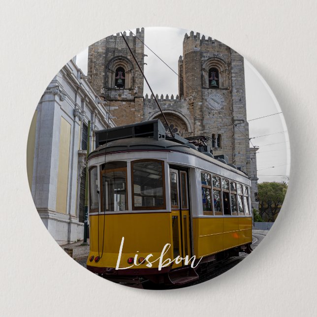 Gelbe Straßenbahn auf der Kathedrale von Lissabon  Button (Vorderseite)