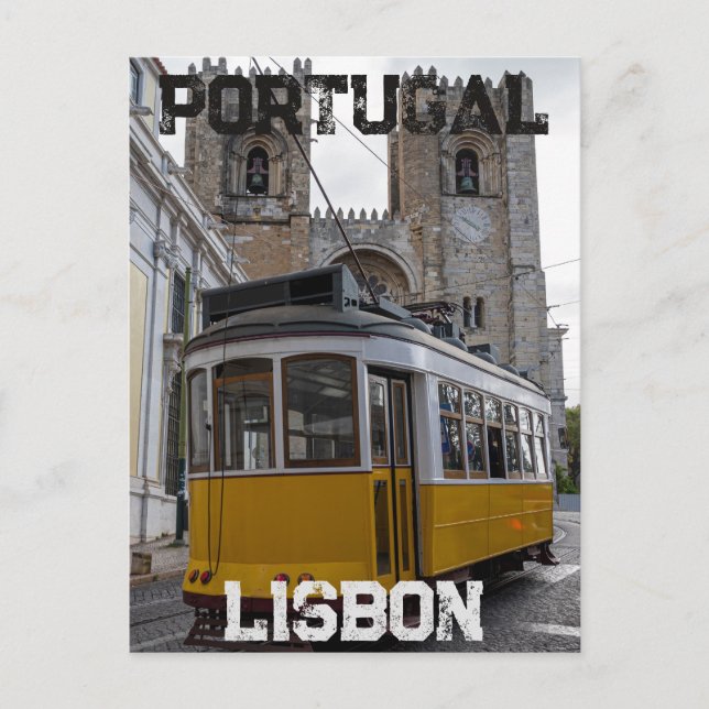 Gelbe Straßenbahn auf der Kathedrale von Lissabon  Postkarte (Vorderseite)