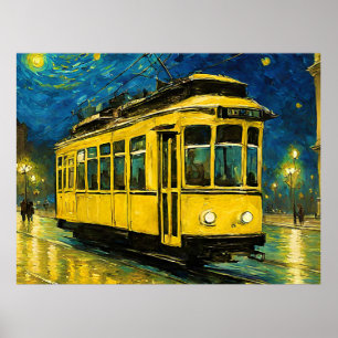 Gelbe Straßenbahn in einer sternförmigen Nacht - B Poster