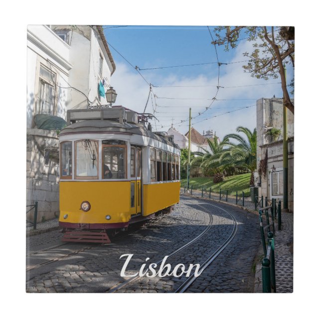 Gelbe Straßenbahn in Lissabon, Portugal Fliese (Vorderseite)