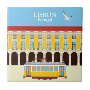 Gelbe Straßenbahn in Lissabon Vintager Stil Fliese