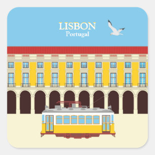 Gelbe Straßenbahn in Lissabon Vintager Stil Quadratischer Aufkleber