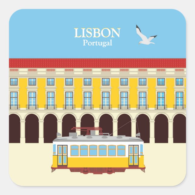 Gelbe Straßenbahn in Lissabon Vintager Stil Quadratischer Aufkleber (Vorderseite)