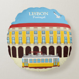 Gelbe Straßenbahn in Lissabon Vintager Stil Rundes Kissen