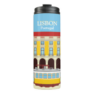 Gelbe Straßenbahn in Lissabon Vintager Stil Thermosbecher