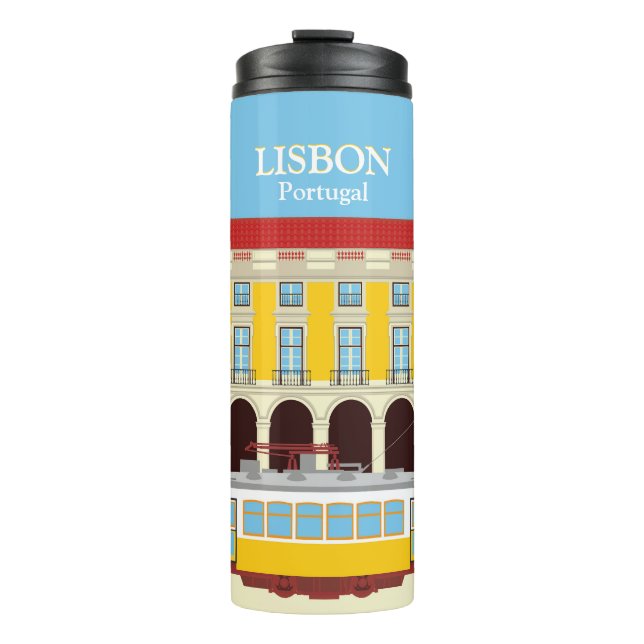 Gelbe Straßenbahn in Lissabon Vintager Stil Thermosbecher (Vorderseite)