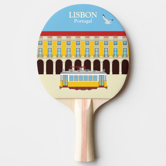 Gelbe Straßenbahn in Lissabon Vintager Stil Tischtennis Schläger (Vorderseite)