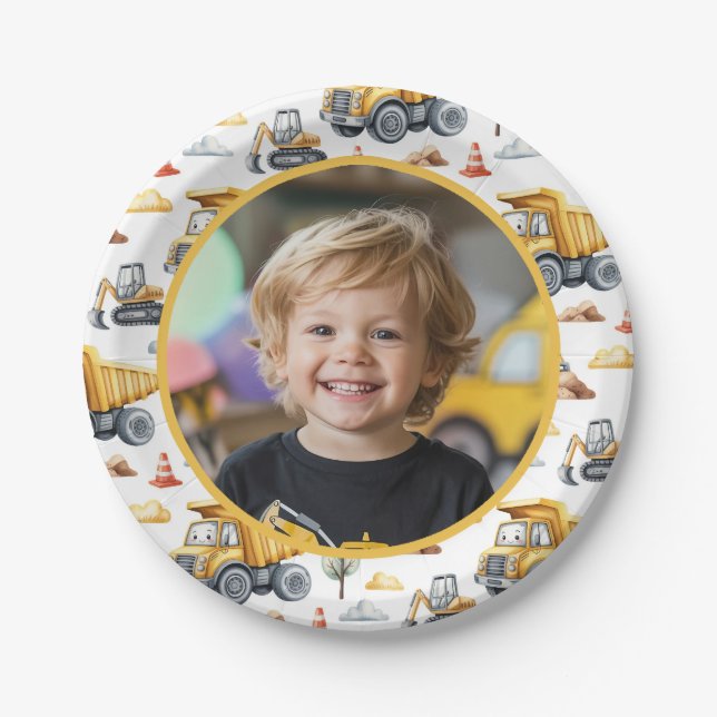 Gelbe Straßenfahrzeuge Foto Kindergeburtstag Pappteller (Vorderseite)