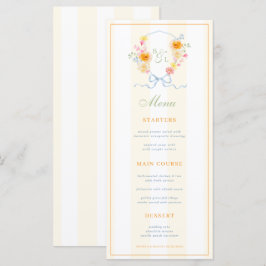 Gelbe Streifen & Florales Wappen Frühlingshochzeit Menükarte