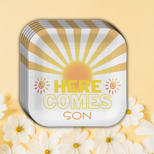 Gelbe Streifen hier kommt die Sonnendusche Pappteller (Von Creator hochgeladen)