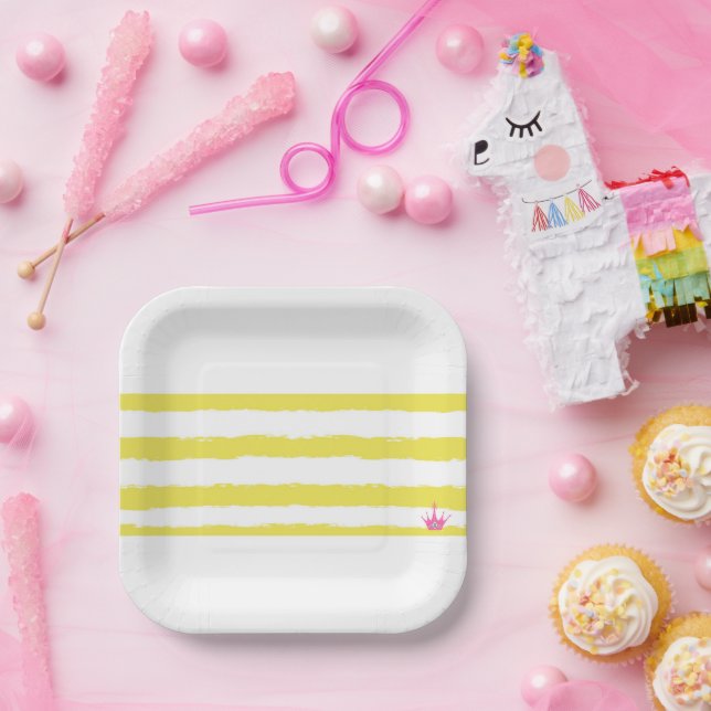 Gelbe Streifen und eine rosa Krone Papierplatte Pappteller (Party)