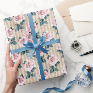 Gelbe Streifen und rosa Tee Rose Jeden Anlaß Geschenkpapier