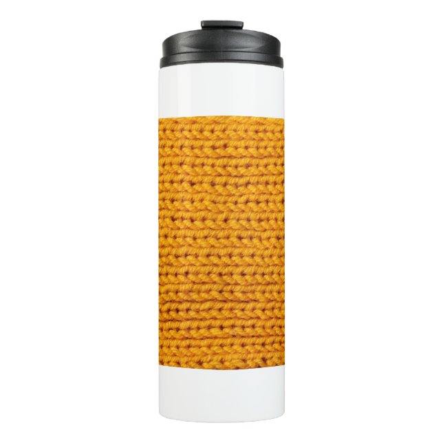 Gelbe Strickwoll-Textur mit Hintergrundmuster Thermosbecher (Vorderseite)