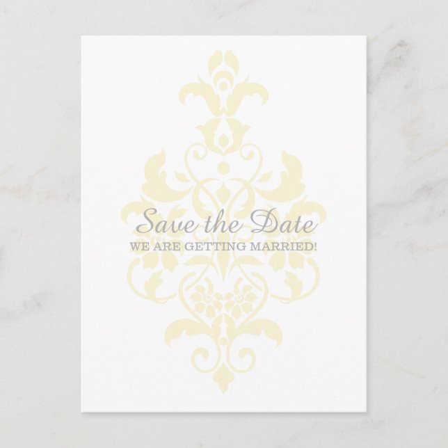 Gelbe subtile Damaske Save the Date Postkarte (Vorderseite)