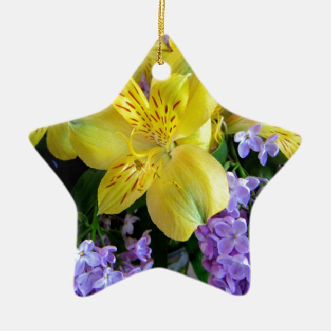 Gelbe Taglilien und Lila Lilac-Blume Keramikornament (Vorne)
