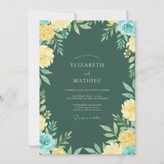 Gelbe Teal-Blatt-Hochzeit Einladung (Vorderseite)