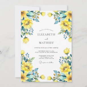 Gelbe Teal Künstlerische Sonnenblumen-Hochzeit Einladung