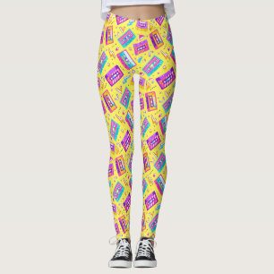 Gelbe trendige 80er mit Neon-Kassette-Tape-Musik Leggings