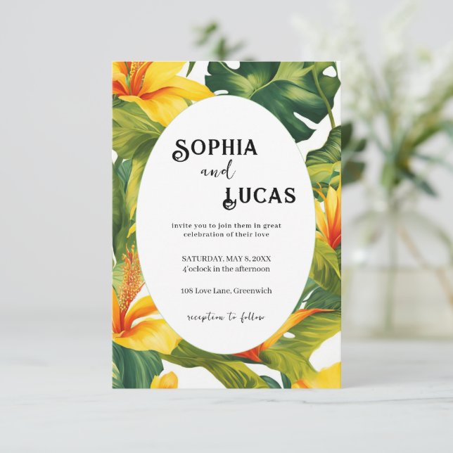 Gelbe tropische Blütenhochzeit Begleitkarte (Stehend Vorderseite)