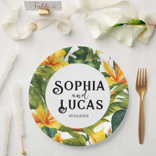 Gelbe tropische Blütenhochzeit Pappteller (Hochzeit)