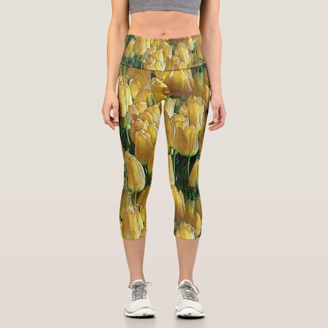 Gelbe Tulips Capri Leggings (Vorderseite)