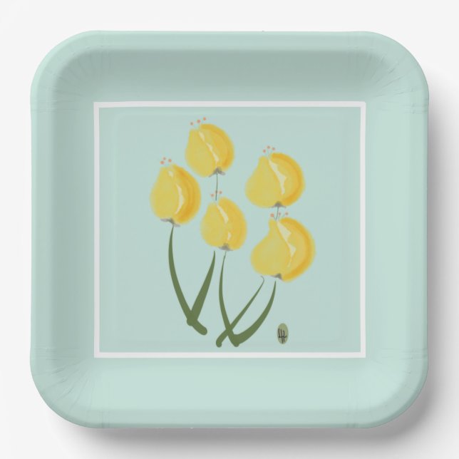 Gelbe Tulips und weiche Papierplatte Pappteller (Vorderseite)