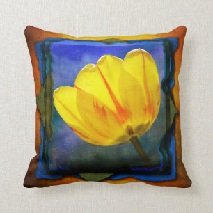 Gelbe Tulpe auf blau-grün-orangefarbenem Grunge-Ki Kissen