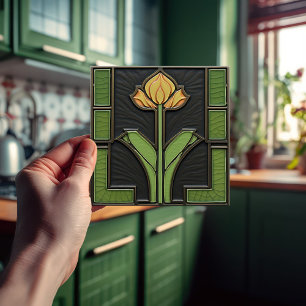 Gelbe Tulpe Geometrische Blume Mitte des Jahrhunde Fliese