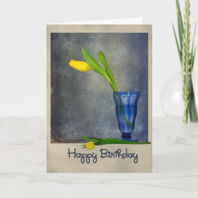 Gelbe Tulpe zum Geburtstag aus blauem Glas Karte (Vorderseite)