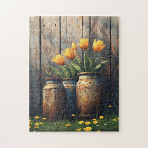 Gelbe Tulpen in rustikalen Behältern Kunst Puzzle