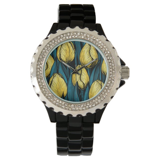 Gelbe Tulpen mit blauen Blätter Armbanduhr (Vorderseite)