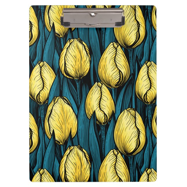 Gelbe Tulpen mit blauen Blätter Klemmbrett (Vorderseite)